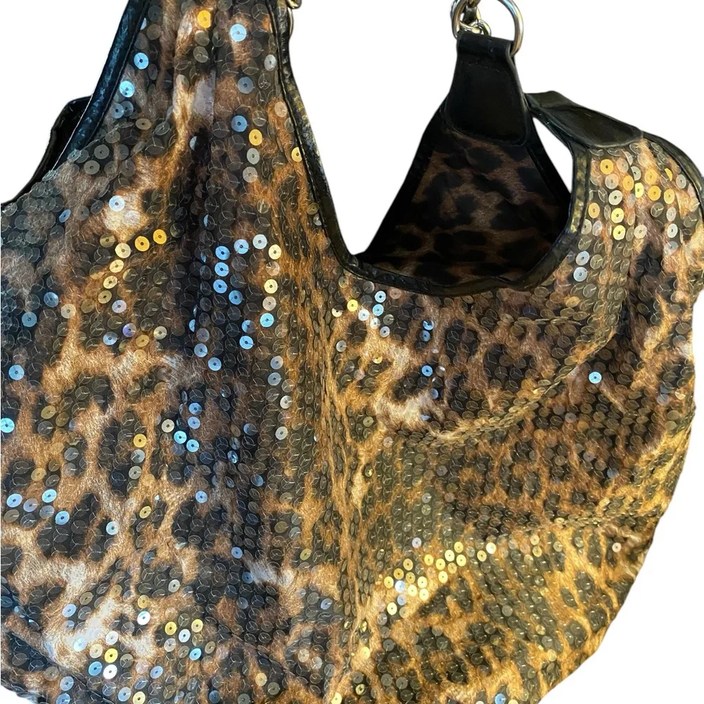 Leopard Print Women's tote XL y2k shoulder bag sequin’s side heavy chain straps - Picture 7 of 12